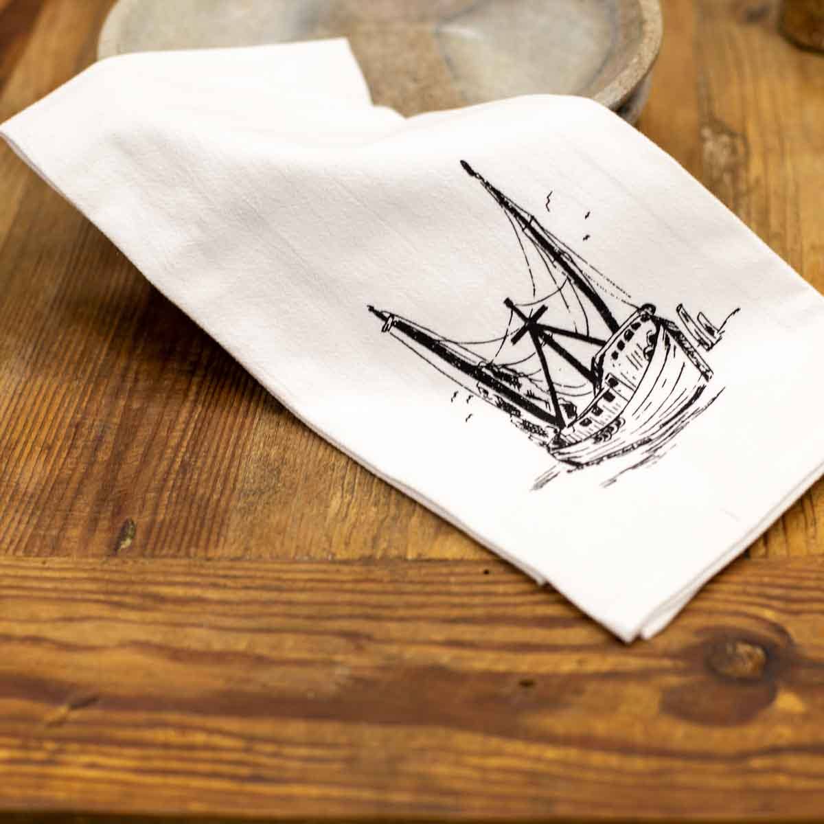 Shrimp Boat Flour Sack Hand Towel   White/Black   20x28
