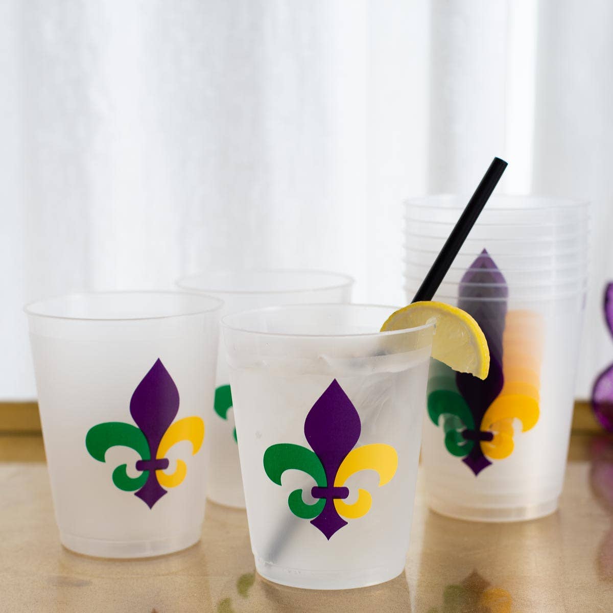 Mardi Gras Fleur Party Cups   Frosted/Multi   16oz   Set of 10