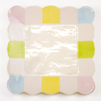 Candy Stripe Scalloped Square Platter   White/Multi   11.5x11.5