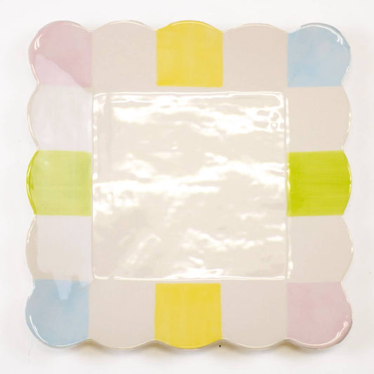 Candy Stripe Scalloped Square Platter   White/Multi   11.5x11.5