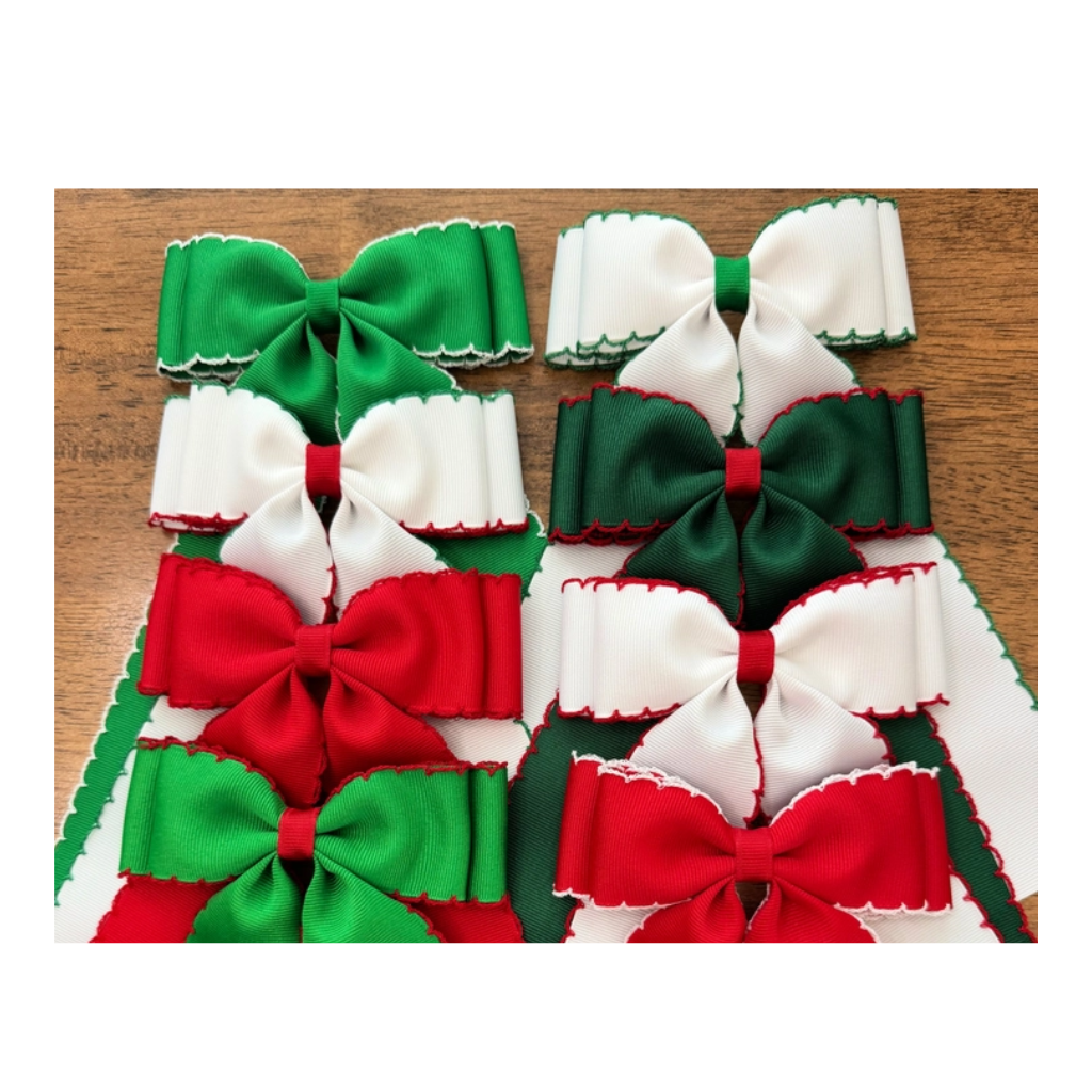 Nativity School Text Monogrammed - 5 in Double Stacked Moonstitch Hair Bow with Long Tails