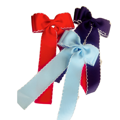 Nativity School Text Monogrammed - 5 in Double Stacked Moonstitch Hair Bow with Long Tails