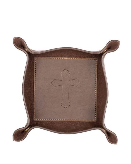 Cross Leather Embossed Valet Tray   Dark Brown   8x8