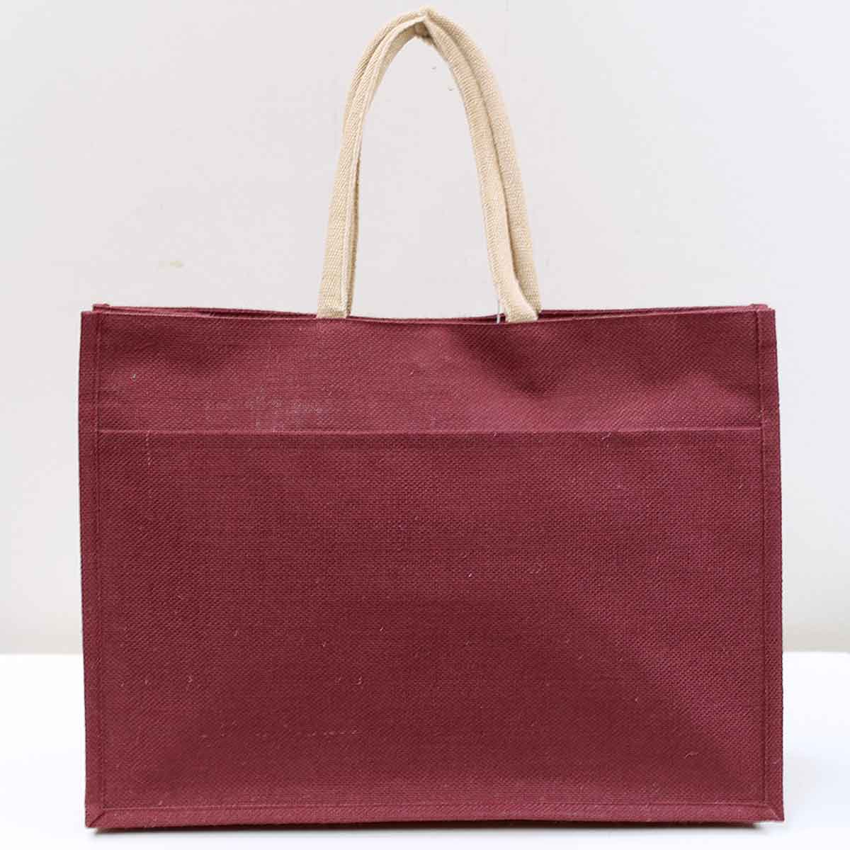 Jute Pocket Tote   Maroon   19x14x7.5